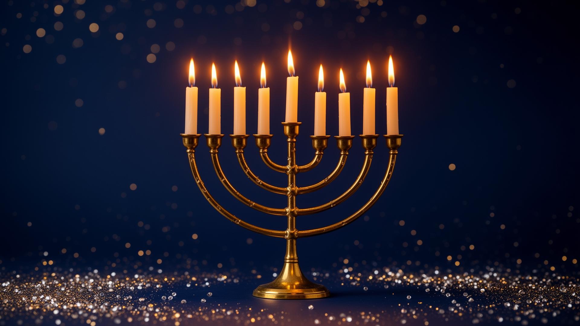 Glowing menorah with nine candles lit against a starry blue background